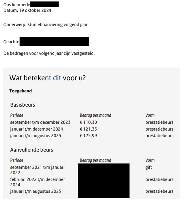 Screenshot of the message studiefinanciering volgend jaar